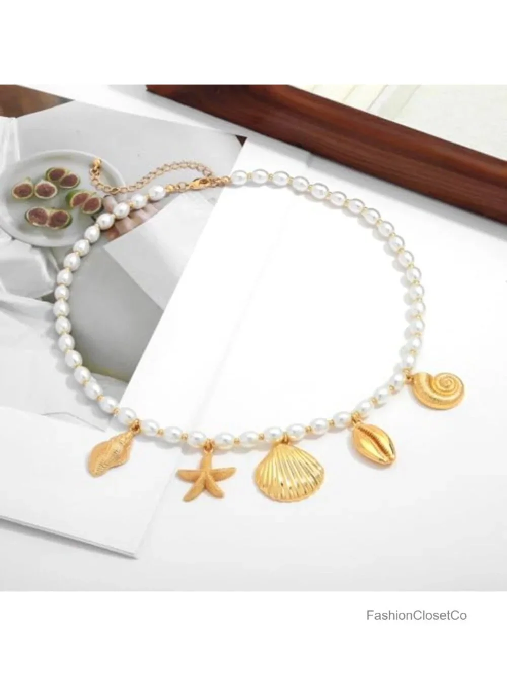 Pearl Sea Shell Charm Necklace Women Gold Plated Conch Starfish Pendant Choker